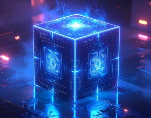 Glowing digital cube floats amid a futuristic, neon-lit environment
