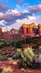 Vivid sunset over rugged red rock formations and desert vegetation. Dramatic sky and stunning landscape