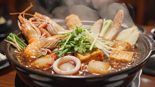 Steaming bowl of seafood and vegetables on a tabletop close up