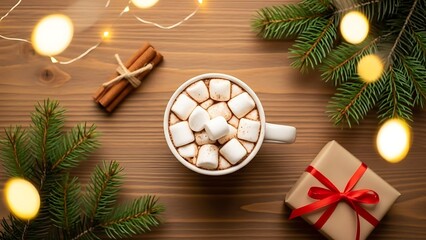  Cozy Christmas Hot Chocolate Flat Lay on Wood, Festive Pine Branches, Cinnamon, Gift, Warm Hygge Holiday Scene, Overhead View