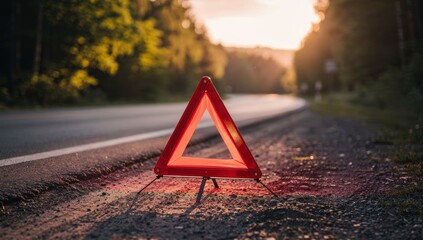 Red and white reflective emergency warning triangle sign standing on a rough asphalt road surface.