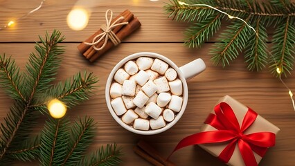  Cozy Christmas Hot Chocolate Flat Lay on Wood, Festive Pine Branches, Cinnamon, Gift, Warm Hygge Holiday Scene, Overhead View