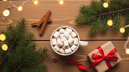 Cozy Christmas Hot Chocolate Flat Lay on Wood, Festive Pine Branches, Cinnamon, Gift, Warm Hygge Holiday Scene, Overhead View
