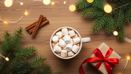  Cozy Christmas Hot Chocolate Flat Lay on Wood, Festive Pine Branches, Cinnamon, Gift, Warm Hygge Holiday Scene, Overhead View