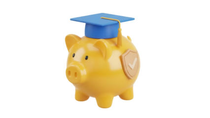 Golden piggy bank with graduation cap PNG isolated on transparent background, savings for education and future investments