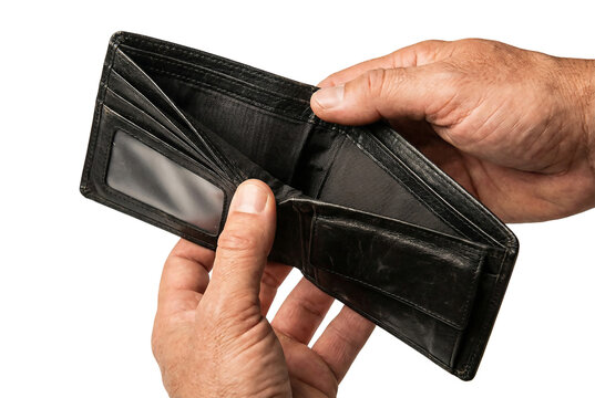 Hands Holding Open Empty Black Leather Wallet Isolated on Transparent Background