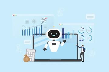 AI assistant robot planning summary data for business marketing evaluation sale plan forecast. business graphs, dash board and digital charts. Businessman use artificial intelligence smart technology.