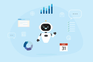 AI Assistant, artificial intelligence helper planning or manage schedule daily routine concept. Software or program for Data analysis. Chat with cute robot or Ai training development vector illustrati
