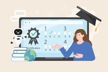 artificial intelligence Technology for education concept. AI Searching , study and research by using ai online for approach knowledge. Diploma, university E-learning graduation illustration vector.