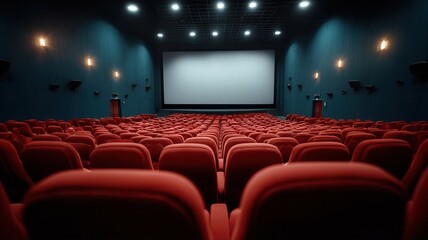 Fototapeta premium Modern cinema auditorium featuring rows of red velvet seats a large screen a displaying effect light