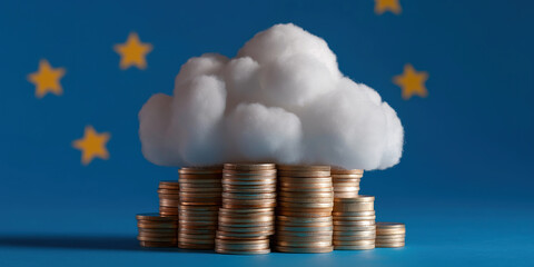 Fluffy cloud rests above stacked euro coins with yellow stars suggesting Europe.