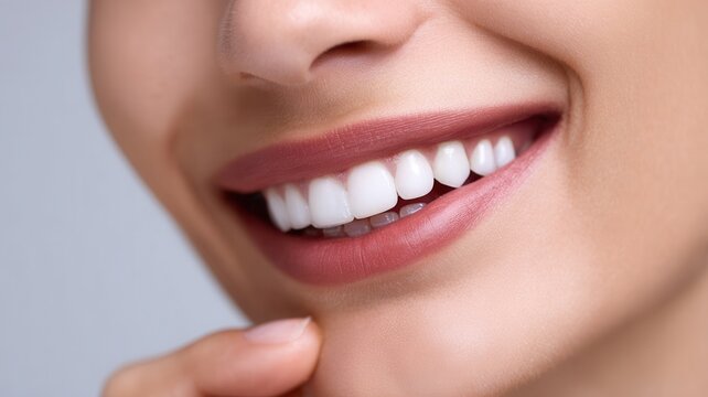 Person smiling with dental braces showing healthy teeth, a professional chin hand gloved touching