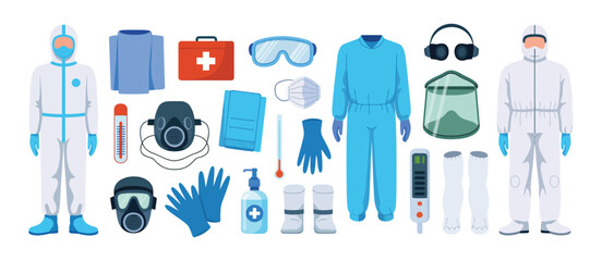 Medical Personal Protective Equipment Set with Masks, Gloves, Goggles, Sanitizer, Thermometer and First Aid Supplies, Healthcare Safety Illustration