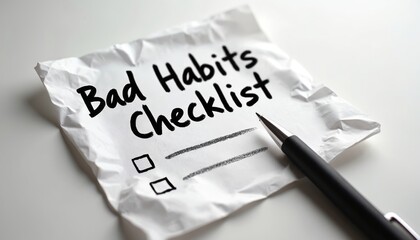 Paper with bad habits checklist and pen. Concept of self control and personal development goals. List for behavioral change and improvement.