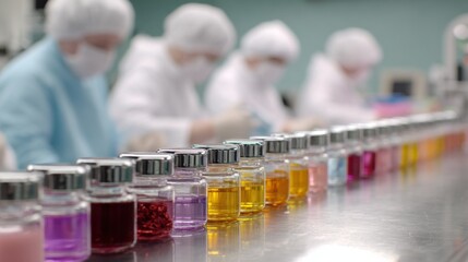 Shot of workers inspecting shrink sleeve labels on diverse plastic containers focusing on quality control and the varied textures achieved through different shrink sleeve