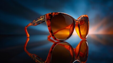 Stylish tortoiseshell sunglasses with a glossy finish, reflecting ambient light against a dramatic blue and orange background.