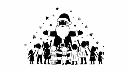 Children gathered around Santa Claus illustration on a white background