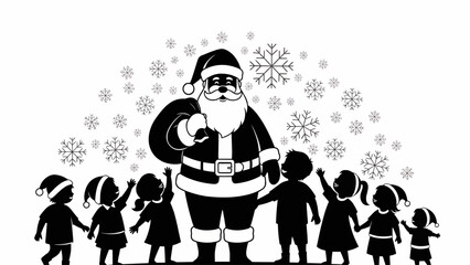 Children gathered around Santa Claus surrounded by falling snowflakes on a winter day