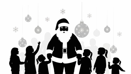 Children gathered around a modern Santa Claus surrounded by Christmas decorations