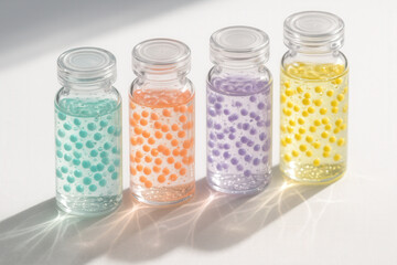 Four Glass Vials Filled With Colorful Hydrogel Beads For Cosmetic Or Medical Research