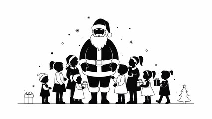 Santa Claus surrounded by children with gift bags in a festive winter scene illustration