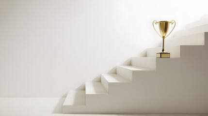 Obraz premium middleground. A golden trophy rests on a central staircase step, symbolizing achievement with elegant lighting and a minimalist polished metal surface. event key visuals.