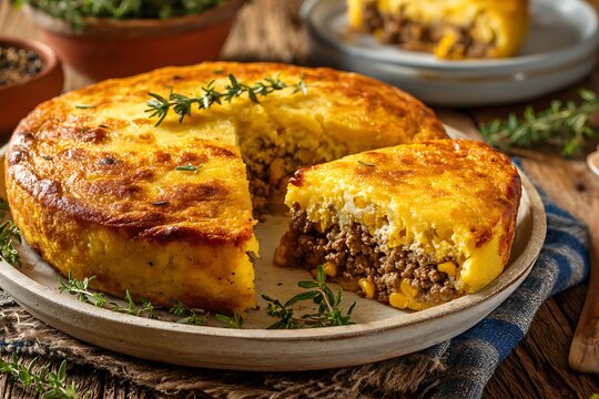 Traditional south american pastel de choclo ground beef corn pie high resolution image