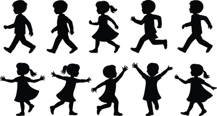A Set of Ten Detailed Black Silhouettes of Young Children in Dynamic Poses Including Skipping, Running, and Joyfully Waving, Isolated on White