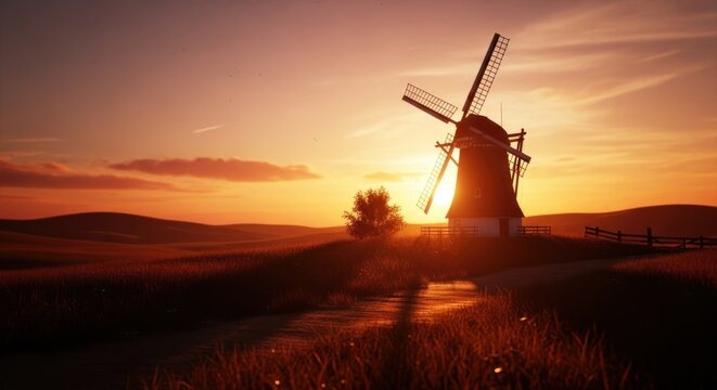 silhouette of a windmill at sunset