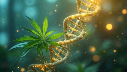 DNA helix and cannabis leaf symbolize genetic connection in medical research. Abstract science art shows plant science and genetics research. Bio tech, molecule, helix structure.