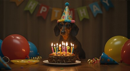 A cute dachshund dog wearing a festive party hat sits in front of a chocolate birthday cake with lit candles and colorful decorations.