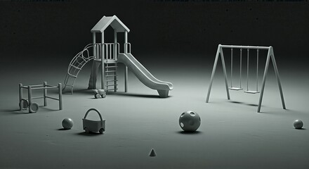 Monochromatic render of a deserted children's playground featuring a slide, swing set, and various toys under dramatic lighting.