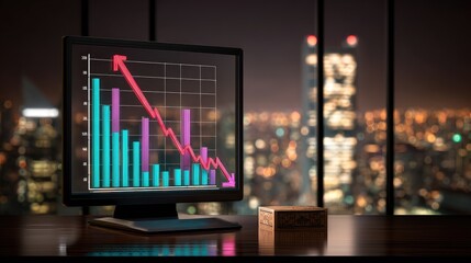 Declining Market Graph On Computer Screen Cityscape Background