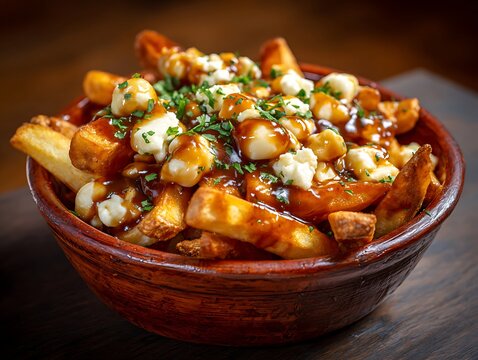 Delicious poutine with crispy fries, cheese curds and gravy high resolution image
