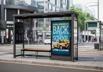 Bus Stop Advertising Billboard Mockup in Modern City Setting