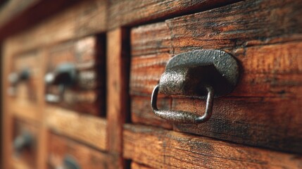 Close-up of vintage wooden drawers with worn metal handles, rich aged wood texture, visible grain and patina, handcrafted craftsmanship, warm industrial interior, soft amber lighting