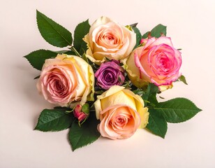 A bouquet of roses in cream, pink, and purple hues, arranged with lush green leaves against a soft beige backdrop