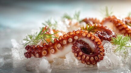 Fresh octopus tentacles arranged on crushed ice with aromatic herbs, glossy natural texture, delicate suction cups in sharp focus, premium exotic seafood, fine dining presentation, cool color palette