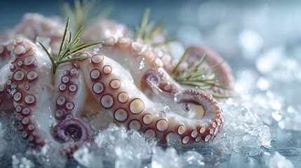 Fresh octopus tentacles arranged on crushed ice with aromatic herbs, glossy natural texture, delicate suction cups in sharp focus, premium exotic seafood, fine dining presentation