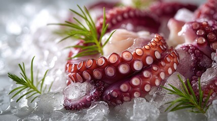 Fresh octopus tentacles arranged on crushed ice with aromatic herbs, glossy natural texture, delicate suction cups in sharp focus, premium exotic seafood, fine dining presentation