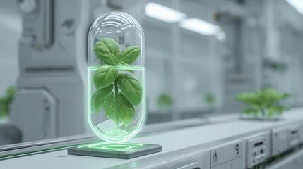 Futuristic biotech concept showing a glowing capsule transforming into a fresh green basil plant on an automated production line, advanced biotechnology, sustainability concept