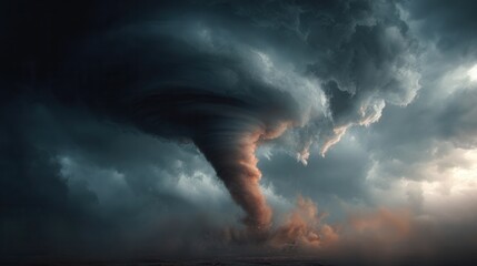 Powerful tornado swirling above the ground beneath dark, heavy storm clouds, massive rotating funnel with dust and debris, dramatic extreme weather scene, sense of scale and danger