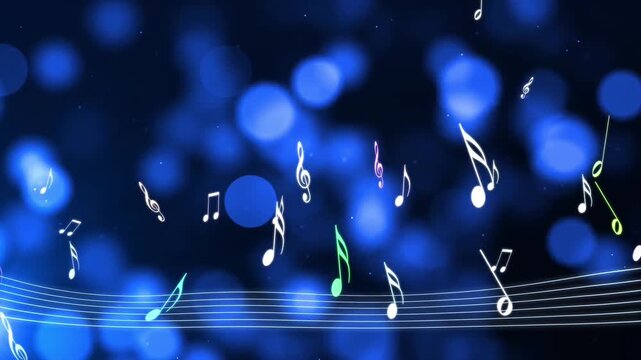 Animated musical notes flying on wavy staff lines with blue bokeh background, abstract melody motion graphics for music concert or education