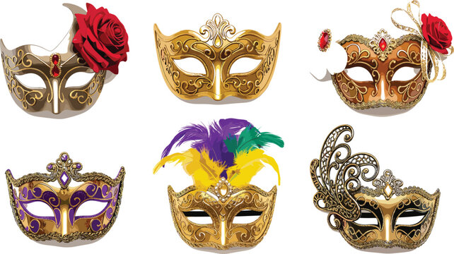Elegant golden masquerade carnival masks set with feathers, roses, and ornaments, luxury Venetian festival costume vector illustration