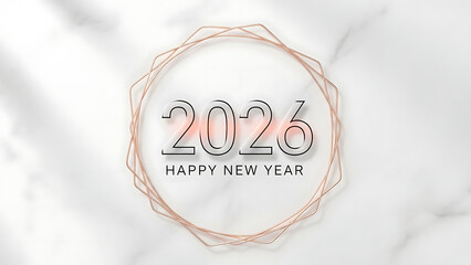 Happy new year 2026 text and rose gold geometric circle on marble background