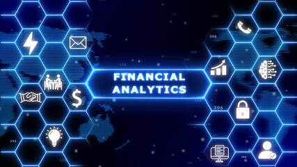 Digital hexagonal network with global map and financial analytics illustrating financial data interpretation and strategic planning with glowing blue lines and central text Keywords: financial - Powered by Adobe