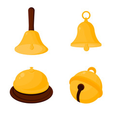 Set of Golden Bells Illustration Including Hand Bell, Jingle Bell, Hanging Bell and Service Desk Bell Isolated on White Background for Notification, Alert, and Restaurant Service Design