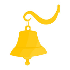 Gold Hanging House Bell with Decorative Curved Hook and Striker Visible in Flat Illustration, useful for Doorbell, Entry Alert and Vintage Decor Design