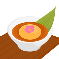Traditional Asian Sweet Dessert Illustration Featuring Tangyuan Rice Dumpling Soup Served in Ceramic Bowl with Flower Garnish and Banana Leaf on Wooden Table
