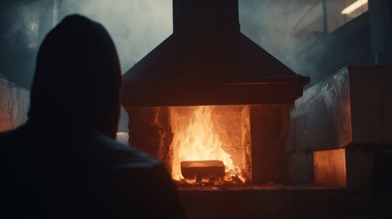 Medium shot of operator monitoring ambient temperature sensors near casting area to stabilize thermal conditions for quality metal production